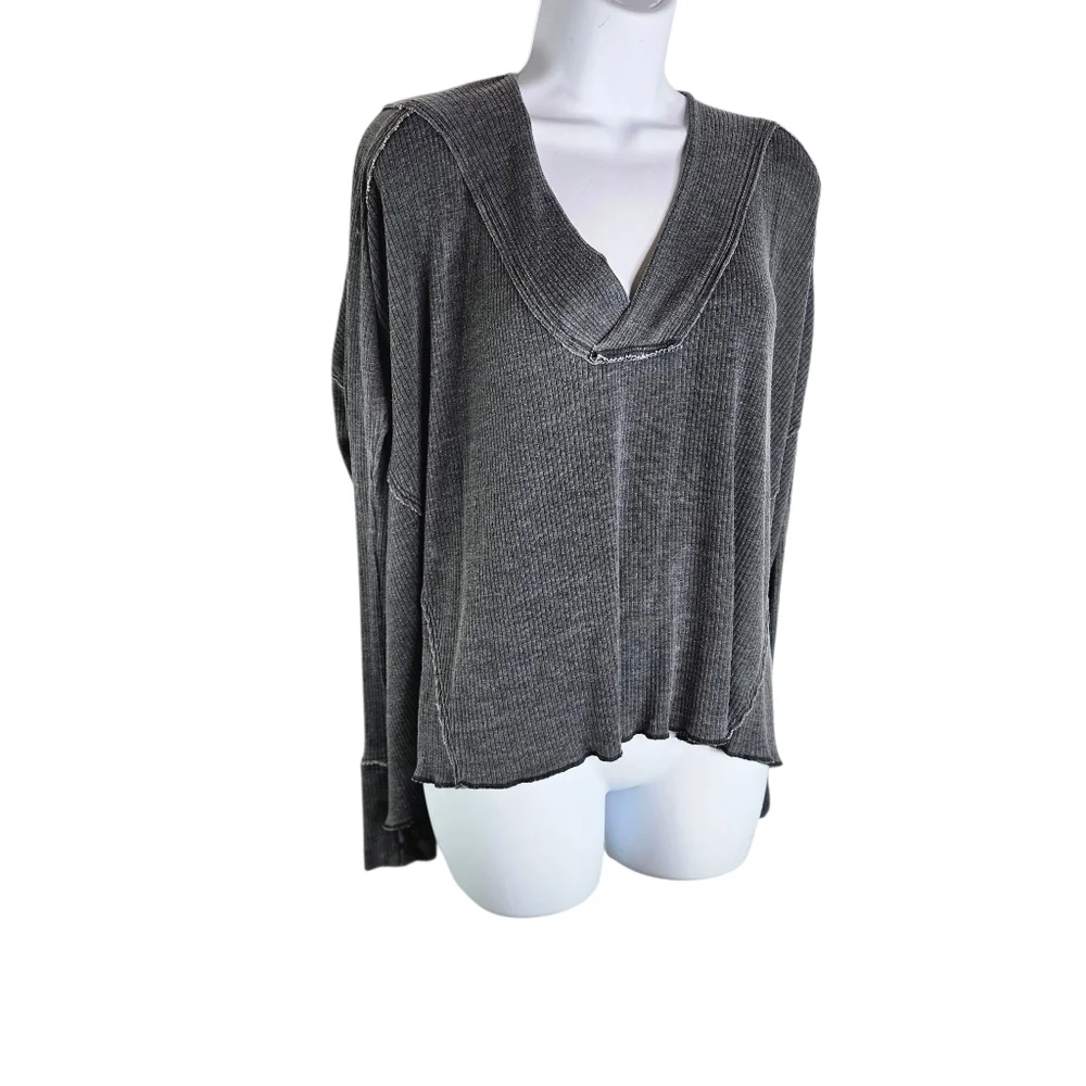 We The Free People Oceanview Thermal Gray  Oversized V Neck